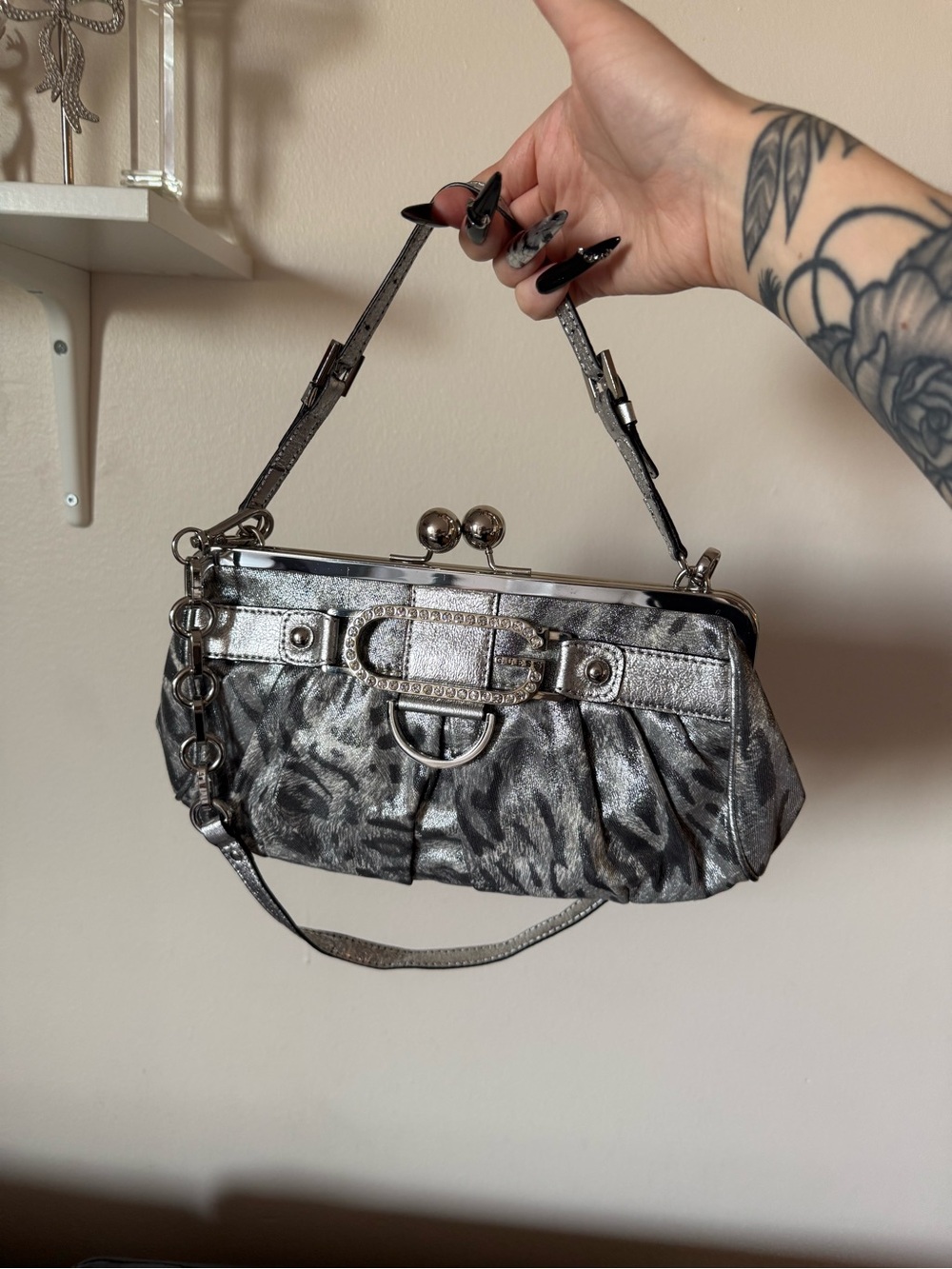 Guess Metallic Gray Silver Evening Clutch with Rhinestone Buckle